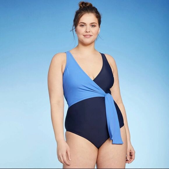 Kona Sol Wrap Tie Medium Coverage One Piece Swimsuit NWT Blue Two Tone - Picture 1 of 4